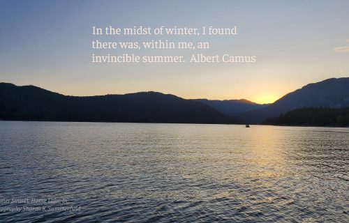 Summer Sunset at Horne Lake in BC, Canada. Photography by Sharon K. Summerfield. Quote by Albert Camus