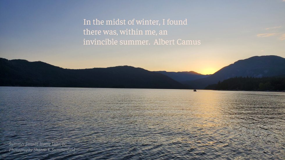 Summer Sunset at Horne Lake in BC, Canada. Photography by Sharon K. Summerfield. Quote by Albert Camus